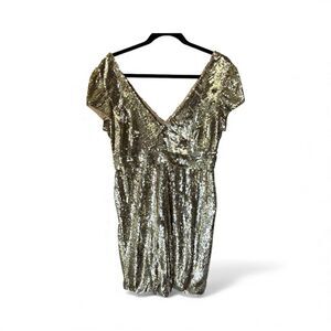 Dolce Jovani Silk Gold Sequin Mini Dress Size 12 Bubble Hem Skirt Cocktail